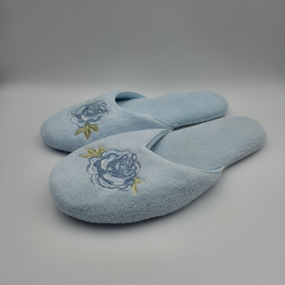 Vintage Dearfoams Womens Blue Embroidered Rose Scuff Slippers Large 8-9